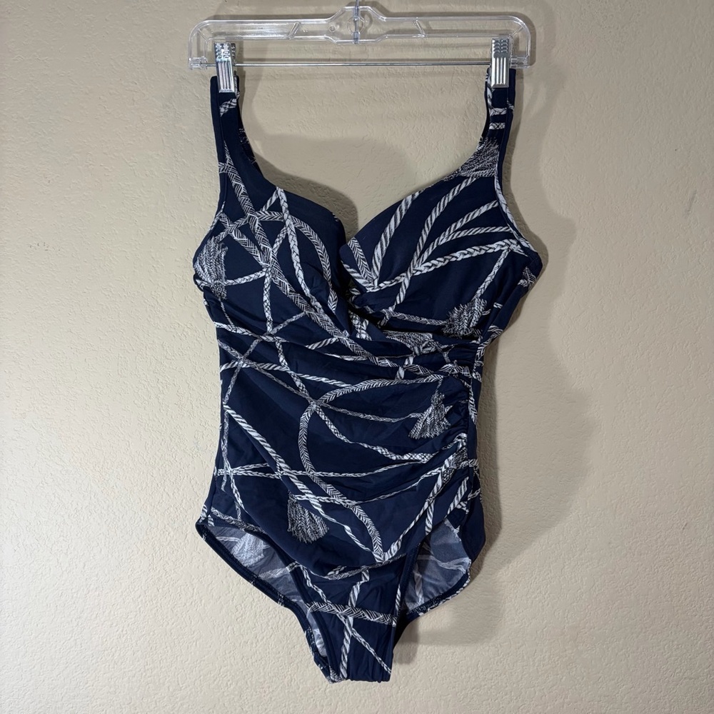Miraclesuit Wrap Blue and White One Piece Swimsuit 14” Chest Sz Laying Flat - Picture 2 of 12